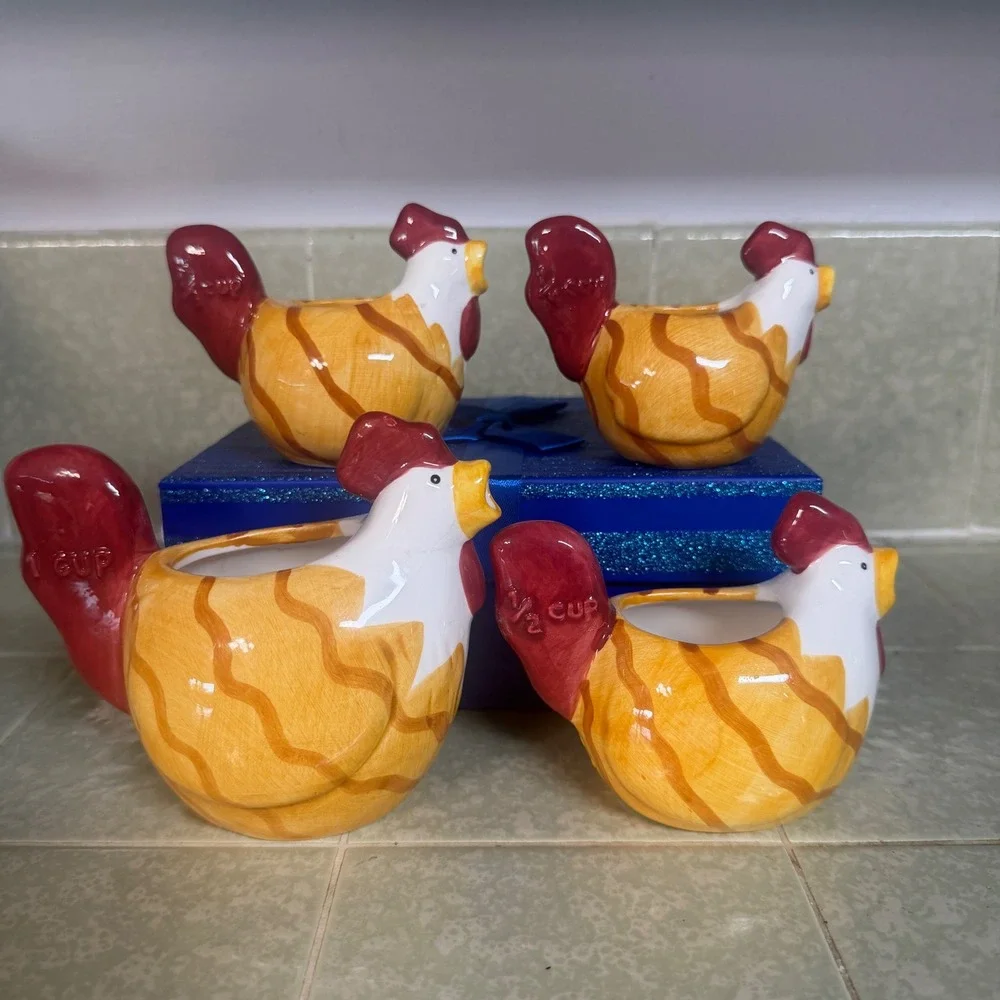 Ceramic Rooster Measuring Cups Set of 4 Farmhouse Kitchen Decor Yellow Red